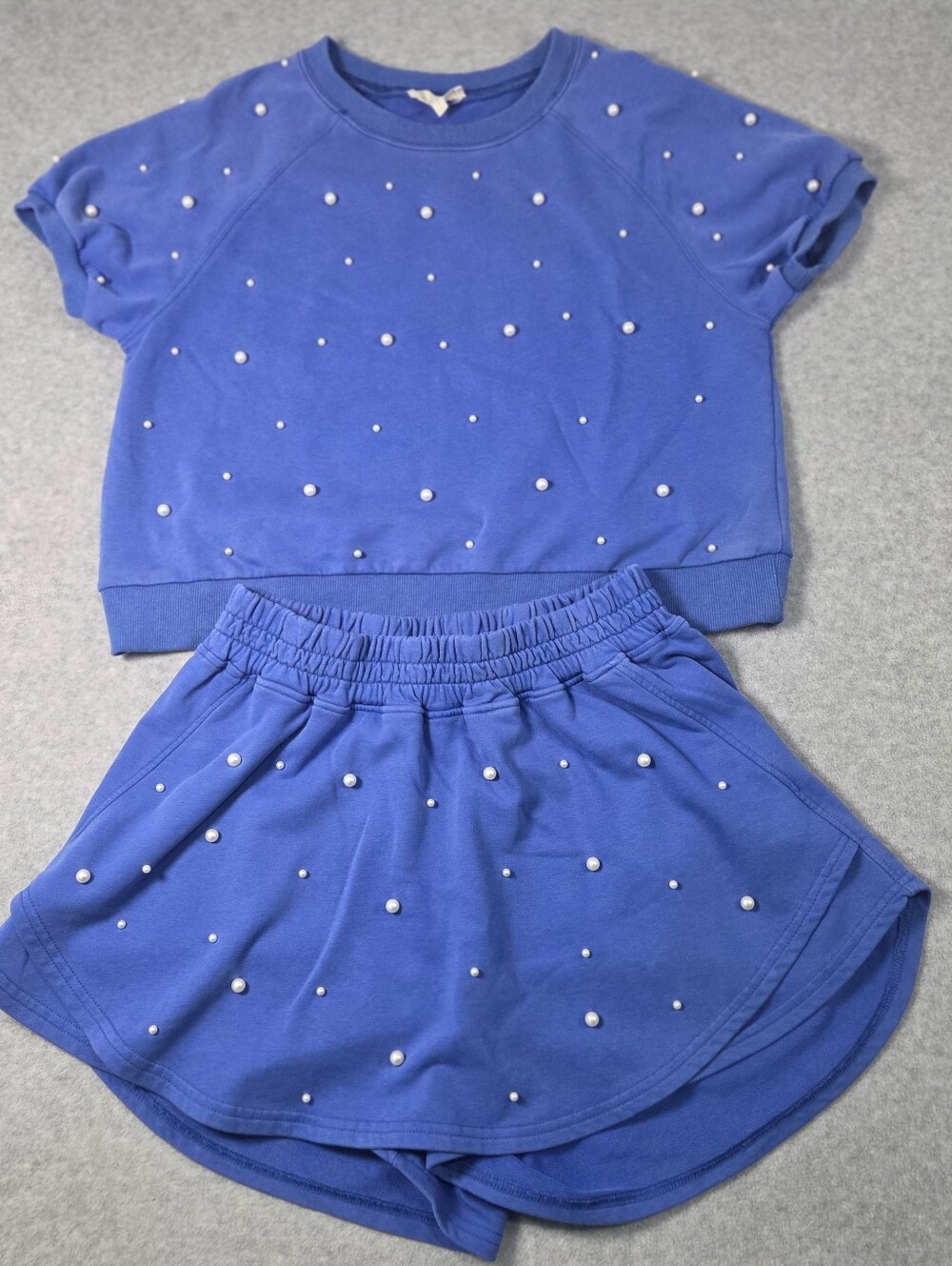 Peach Love California Royal Blue Pearl Embellished Two-Piece Sweatshirt & Short
